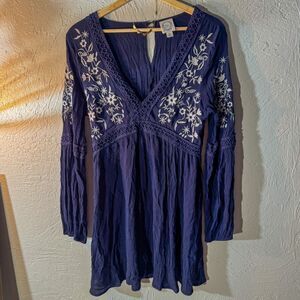 Blue Rain Tunic Dress, Size Medium, Solid Back, Boho Style
